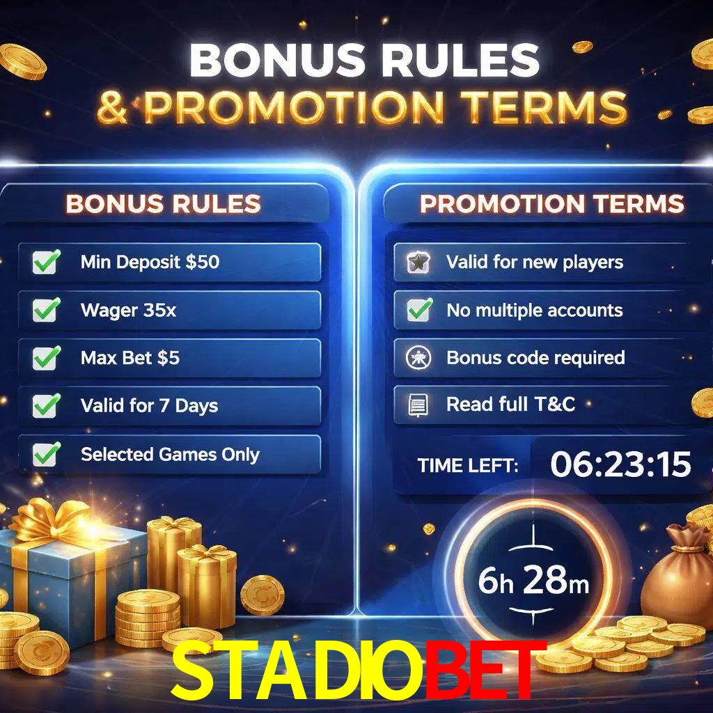 Reglas de promoción STADIOBET y condiciones de bonos explicadas visualmente
