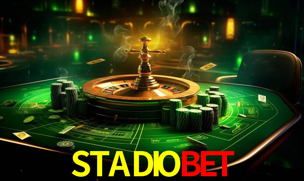 Una escena digital vívida inspirada en casino con STADIOBET mostrado prominentemente, luces brillantes, fichas, cartas y acentos dorados.