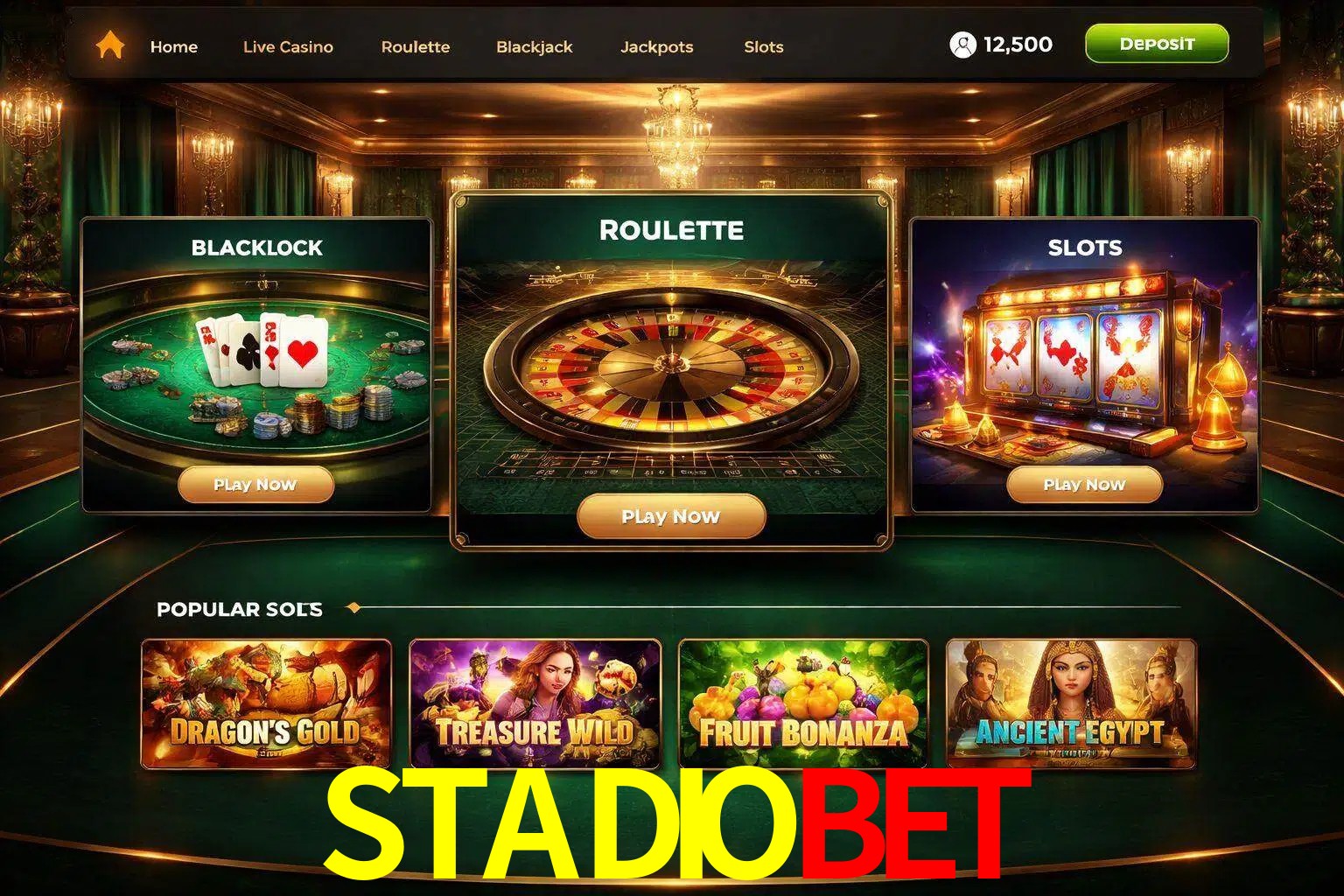 Vista de la plataforma STADIOBET Casino mostrando categorías organizadas de juegos en línea