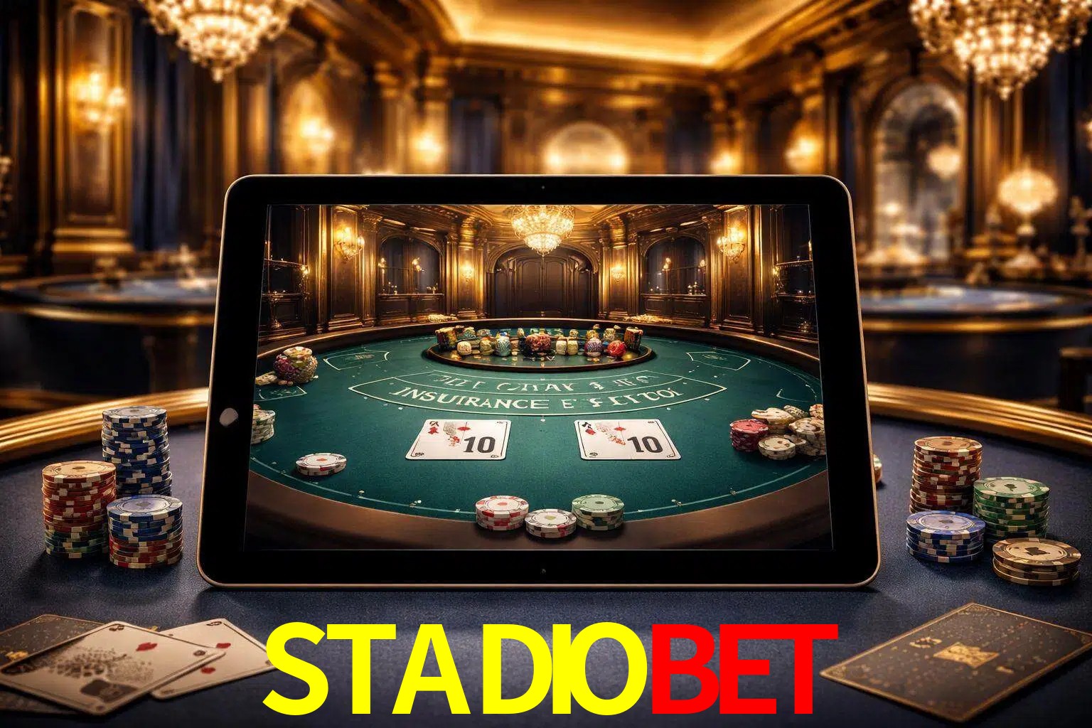 Configuración moderna de casino en vivo con una tableta mostrando una mesa de blackjack, luces cálidas de estudio y una atmósfera elegante de juegos digitales.